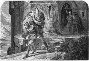 Alejandro, rey y bastardo de Borbón fue cosido en una bolsa y arrojado al Amanecer para reemplazarlo con el delfín, el futuro Luis XI. Grabado del siglo XIX de Unknown artist