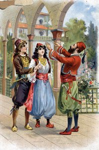 Ali Baba. (Ali-Baba) (Cuentos de las Mil y Una Noches): para recompensar a Morgiane, Ali Baba la da en matrimonio a su hijo. Cromolitografía del siglo XIX