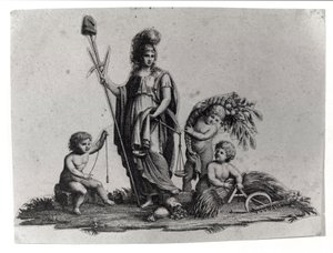 Alegoría de la República Cisalpina (Cisalpina) creada por Napoleón Bonaparte el 27/06/1797 en el modelo francés en Italia, que se convirtió en la República Italiana en 1802. Los símbolos de la República Francesa están representados. Grabado Museo del Risor de Unknown artist