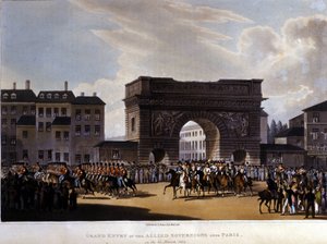Los aliados entraron en París el 31 de marzo de 1814 (Rusia Alejandro I, el Emperador austríaco Francisco I y el Rey prusiano Federico Guillermo III). Grabado de 1826
