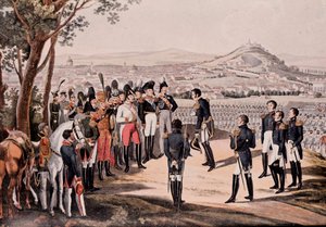 Aliados de Prusia bajo Schwartzenberg derrotan a los franceses bajo Marmont/Mortier (grabado)