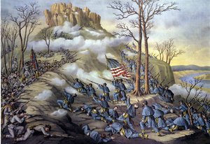 Guerra de Secesión Americana o Guerra Civil (1861-1865): 23/11/1863, Batalla de Lookout Mountain en Tennessee, un asalto conocido hoy como la batalla sobre las nubes debido a la niebla que permitió a las tropas federales avanzar más rápido. Grabado del sig