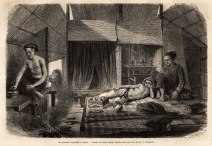 Un interior annamita en Lakon (Laos). Grabado para ilustrar el viaje de exploración en Indochina, por Francis Garnier, teniente de Vaissseau, en 1866-1868, publicado en “Le tour du monde” 1870-1871, editado por Edouard Charton, edición Hachette, París.