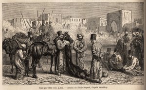 Un contador del Khan, recibe la entrega de las cabezas de enemigos y rehenes, mujeres y niños atados a la cola de caballos. Dibujo de Emile Bayard (1837-1891), para ilustrar el viaje a Asia Central, en 1863, de Arminius Vambery (científico húngaro) de Unknown artist