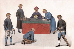 Un acusado ante un magistrado asistido por un secretario, un escribano y guardias. en "El castigo de los chinos", Londres de Unknown artist