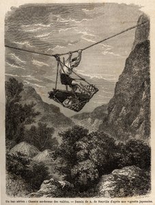 Un transbordador aéreo, camino sobre los valles, una especie de cesta colgante suspendida de una cuerda, para el transporte de hombres y materiales, su desplazamiento se realiza por la fuerza de los brazos, tirando de la cuerda de suspensión. Grabado para  de Unknown artist