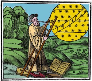 Un astrónomo poniendo una escalera para subir al cielo. de Unknown artist