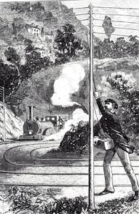 Grabado que representa a un ferroviario enviando una señal de emergencia a través de un telégrafo ferroviario. de Unknown artist