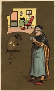 Una anciana sosteniendo una taza cerca de una jaula con pájaros. Cromolitografía anónima, finales del siglo XIX. de Unknown artist