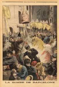 Ataque anarquista en Barcelona, explosión de una bomba en la procesión que salía de la iglesia de Santa María, calle nuevos cambios. Grabado en “Le petit journal” 21/06/1896. Colección Selva. de Unknown artist