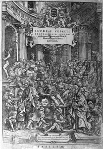 Sala anatómica. Frontispicio de la obra “Humani corporis fabrica libri septem 1543” de André Vésale (1514-1564), anatomista holandés (En latín: Andrea Vesalius, en holandés: Andries Van Wesel) de Unknown artist