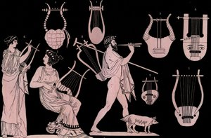 Instrumento musical griego antiguo: Lira y Cítara - grabado de “Usi e Costumi di Tutti i Popoli dell