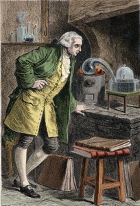 Antoine Laurent Lavoisier (1743-1894) químico francés, investigando la existencia de oxígeno en el aire: experimento en el que obtuvo óxido mercúrico - Lavoisier en su laboratorio. Grabado del siglo XIX. de Unknown artist