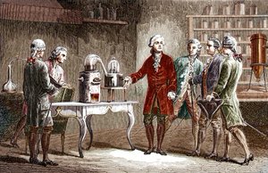 Antoine Laurent Lavoisier (1743-1794) ejecuta la descomposición del aire en 1776 - Antoine Laurent Lavoisier químico francés, mostrando a sus colegas científicos su experimento que reveló la composición del aire en 1776 - Grabado de Louis Figuier de Unknown artist