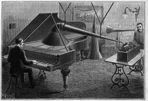 Aparato para grabar una pieza de piano con el fonógrafo, una invención de Thomas Alva Edison (1847-1931). Grabado en "La Nature. Revue des sciences et de ses aplicaciones aux arts et a l
