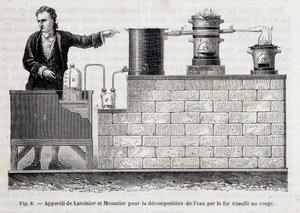 Aparato de Antoine Laurent de Lavoisier y Meusnier para la descomposición del agua por hierro calentado al rojo - en “Les merveilles de l