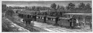 Aplicación de baterías Faure: Tren eléctrico en una vía férrea en una estación. Grabado en "Le Monde Illustré" de Unknown artist