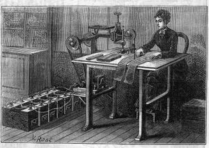 Aplicación de baterías Faure: máquina de cortar tela operada por el acumulador. Grabado en "Le Monde Illustré" de Unknown artist