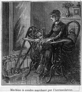 Aplicación de baterías Faure: máquina de coser eléctrica funcionando con el acumulador. Grabado en "Le Monde Illustré" de Unknown artist