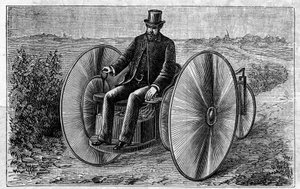 Aplicación de baterías Faure: triciclo eléctrico movido por el acumulador. Grabado en “Le Monde Illustré”. de Unknown artist