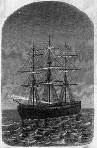 Aplicación de baterías Faure: barco en alta mar iluminado por electricidad. Grabado en "Le Monde Illustré"