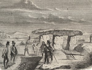 Excavaciones arqueológicas: descubrimiento de tumbas galas cerca del Dolmen de la Pierre aux Fées en el Oise (60). Grabado de 1856 en "Le Musée Des Sciences". de Unknown artist