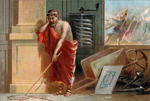 Arquímedes de Siracusa (287-212 a.C.) trazando formas geométricas en el suelo, pronto detenido por soldados romanos al fondo de la escena. En su taller se pueden reconocer sus diversas invenciones: el tornillo y la carretilla. Cromolitografía del siglo XIX de Unknown artist