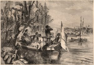 Alrededor de París en 1857. Los canoístas en Asnières. Grabado en “Le Monde illustrious” de 1857. Colección privada.