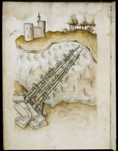 Disposición de un puente de madera - Manuscrito: hoja de pergamino de un manual de ingeniero para la construcción de edificios civiles, religiosos y militares, anónimo, finales del siglo XV (figura en tinta china) de Unknown artist