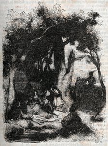 Llegada de Rodomont y Mandricard a la fuente de Merlín - grabado de 1851 de “Roland furieux” (Orlando furioso) (siglo XVI) por Ludovico Ariosto, conocido como el Ariosta - Edición traducida del italiano por el Conde de Tressan y publicada por Gustave Harva de Unknown artist