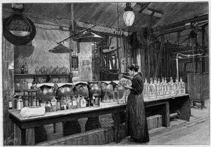 El arte de la fotografía: fabricación de placas fotográficas en M. Lumière, en Lyon: preparación de emulsión sensible. Grabado en “La Nature: revue des sciences et de leurs applications aux arts et a l