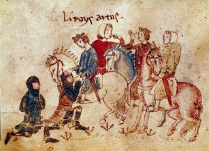 Leyenda Artúrica: El rey Arturo ablandando a los caballeros (Meliadus, Esclabor y Arfasar). Miniatura de 