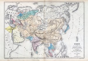 Asia en la época de la mayor extensión de la dominación mongola bajo el gobierno de Qubilai (Kubilai Khan) (1260-1294) - Mapa preparado por M J-H Schnitzler, Atlas Histórico y Pintoresco 1857