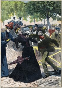 Asesinato de la Emperatriz Isabel de Austria (Sissi) por el anarquista italiano Luccheni en Ginebra en 1898. Ilustración de 1898. Colección privada de Unknown artist
