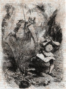 Astolfo hace huir a Caligorant - grabado de 1851 de “Roland Furioso” (Orlando furioso) (siglo XVI) de Ludovico Ariosto, conocido como el Ariosto - Edición traducida del italiano por el Conde de Tressan y publicada por Gustave Harvard.
