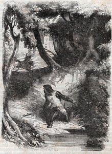 Astolfo al borde de una fuente - grabado de 1851 de “Roland Furioso” (Orlando furioso) (siglo XVI) de Ludovico Ariosto, conocido como el Ariosto - Edición traducida del italiano por el Conde de Tressan y publicada por Gustave Harvard.