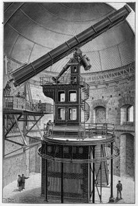 Gafas astronómicas del Sr. Janssen, miembro del Instituto, director del Observatorio de Astronomía Física en Meudon. Grabado en "La Naturaleza: revista de ciencias y sus aplicaciones a las artes y a la industria" del 9 de mayo de 1896 de Unknown artist