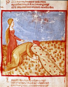 A la entrada del Paraíso, Dante se encuentra con Matelda y bebe agua del río Eunoe, que hace recordar las cosas buenas realizadas. Página iluminada que ilustra un canto del Paraíso de la 