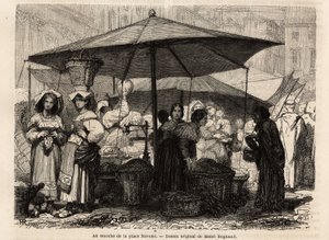 Al pie de la Piazza Navona, Roma (Italia). Grabado para ilustrar el viaje a Roma, por Francis Wey, en 1864-1868, publicado en 