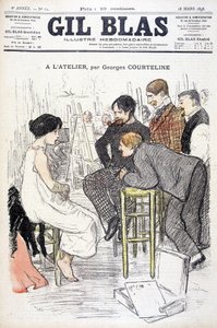 En el taller por Georges Courteline. Hombre observando a una mujer posando en un taller. En “Gil Blas”, el 18/03/1898