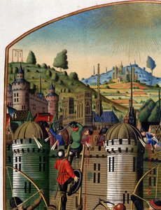 Ataque del castillo de Felipe Augusto con vista de París y la horca de Montfaucon durante la guerra de los 100 años, mediados del siglo XV. (detalle) de Unknown artist