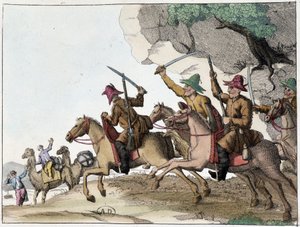 Ataque a una caravana de camellos por un grupo de kirguises (pueblo turco de Asia Central de origen mongol) a caballo, principios del siglo XIX de Unknown artist