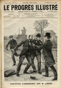 Ataque a Fernand Labori (1860-1917), abogado defensor de Alfred Dreyfus (1859-1935), herido de bala en la espalda en Rennes mientras se dirigía al lugar donde se juzgaba el caso. Portada de “The Progres Illustré” de agosto de 1899 (grabado) de Unknown artist