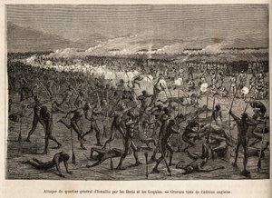 Ataque al cuartel general de Ismailia (Egipto), por una coalición de baris y loquias armados con arco y flecha, la expedición de Sir Baker responde con rifles y repele a los atacantes, grabado ilustrando una expedición armada en África Central, para el apo de Unknown artist