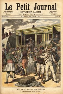 Ataque a un tren por ladrones en las cercanías de Cherkessklui, después de organizar el descarrilamiento del convoy, Athanos y sus ladrones capturan a los pasajeros para intercambiarlos por un rencor. Grabado en “Le petit journal” 20/06/1891. Colección Sel
