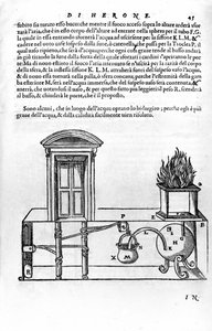 Mecanismo automático diseñado por Herón de Alejandría (el Viejo) (siglo I) para abrir y cerrar las puertas de un templo. Herón, Spiritalia de Unknown artist