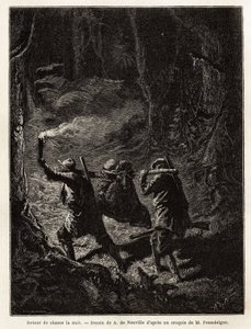 De regreso de la caza por la noche, la presa, un oso, está atada y suspendida de una rama que los cazadores llevan al hombro. Grabado para ilustrar la historia Quatre mois en Florida, por M. Pousselgue, en 1851-1852, publicado en “le tour du monde”, bajo l de Unknown artist