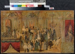 Disfraz de baile con el diablo (Baile de Disfraces con Diablo). Dibujo anónimo, principios del siglo XIX, acuarela y gouache sobre papel. Museo Estatal del Teatro Central A. Bakhrushin, Moscú de Unknown artist