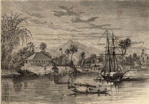 Bangalow, casa de Sir James Brooke, conocido como el Rajá de Sarawak (1803-1868) aventurero británico primer rajá blanco de Sarawak en las cercanías de Sarawak (Borneo). Grabado en “Le Monde illustré” de 1857. Colección privada. de Unknown artist