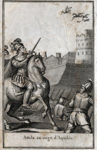 Invasiones bárbaras - Atila (ca. 406-453), rey de los hunos, durante el asedio de Aquilea (Aquileia) en Italia, 452. Grabado en “Beauté de l